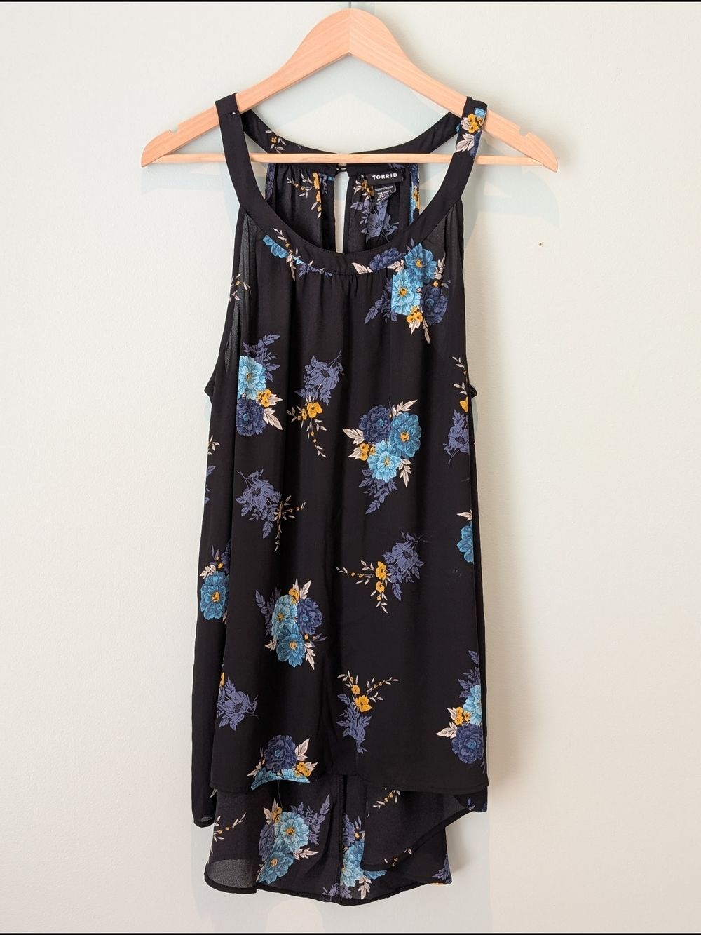 Torrid Black Floral High-Low Top with Blue & Yellow Flowers